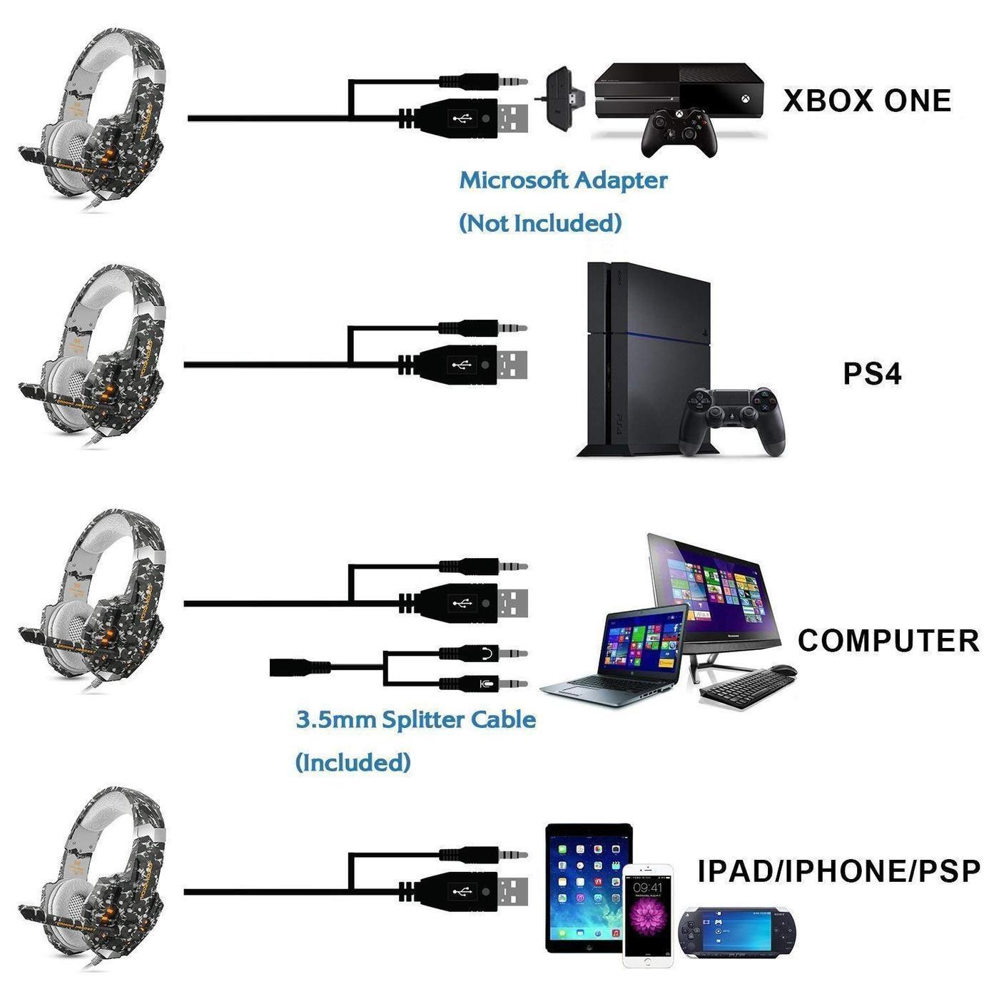 Kotion Eachh G9000 Casque De Jeu 3,5 Mm Pour Pc Ps4 Xbox One Avec Éclairage Del À Del