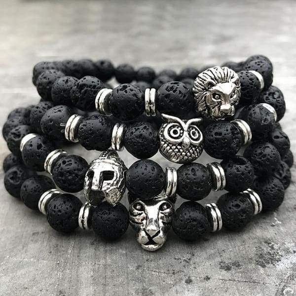 Bouddha-Hibou-Lion-Casque-Bracelets De Lave Noir Léopard