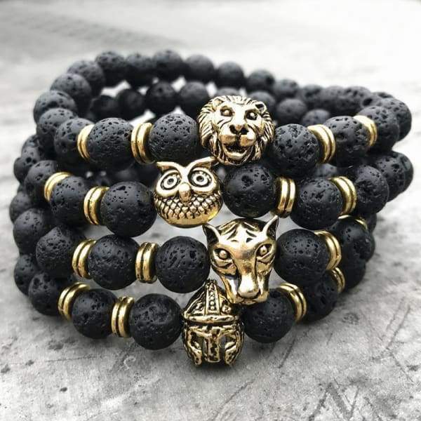 Bouddha-Hibou-Lion-Casque-Bracelets De Lave Noir Léopard