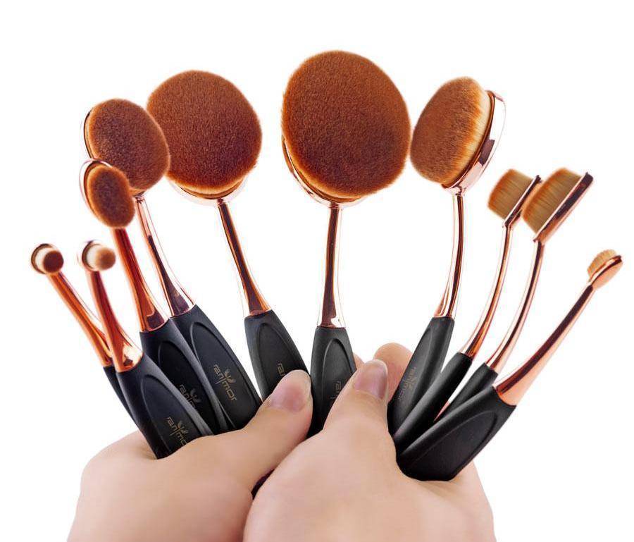 Pinceau Maquillage Ovale Professionnel 10Pcs Or Rose
