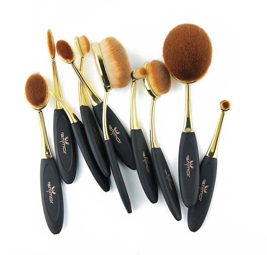 Pinceau Maquillage Ovale Professionnel 10Pcs Or Rose